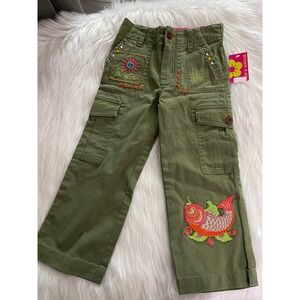 Mimi & Maggie Girls Olive Green Embroidered Rhinestones Bohemian Cargo Pants 3T